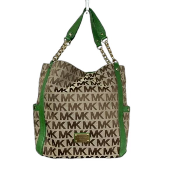 Michael Kors Handbags - Michael Kors Signature Jet Set Large Green Trim Gold Monogram Tote Bag